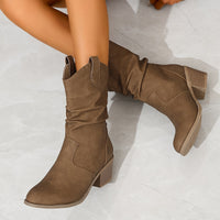 Mid Calf Women's Slouch Boots, Solid Color V-cut Slip On Cowgirl Low Heel Block Stacked Heels