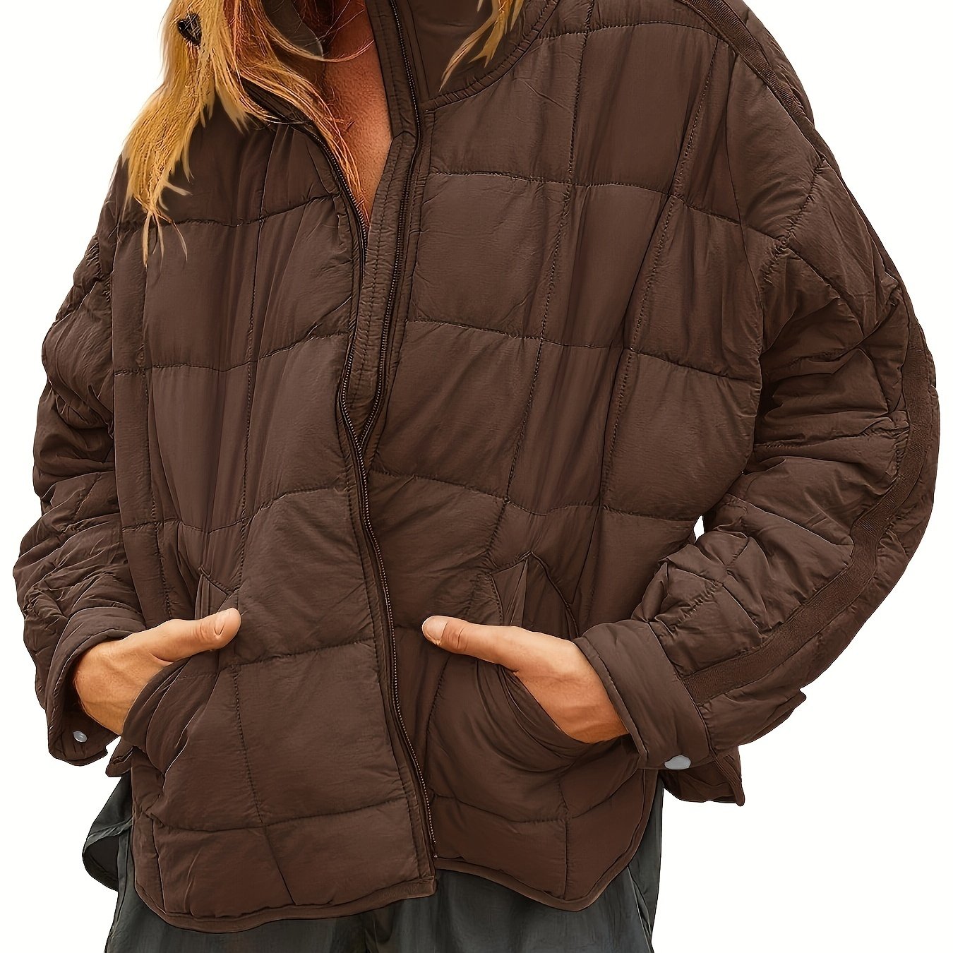 Zip Up Solid Coat, Casual Long Sleeve Winter Warm Versatile Outerwear, Women's Clothing