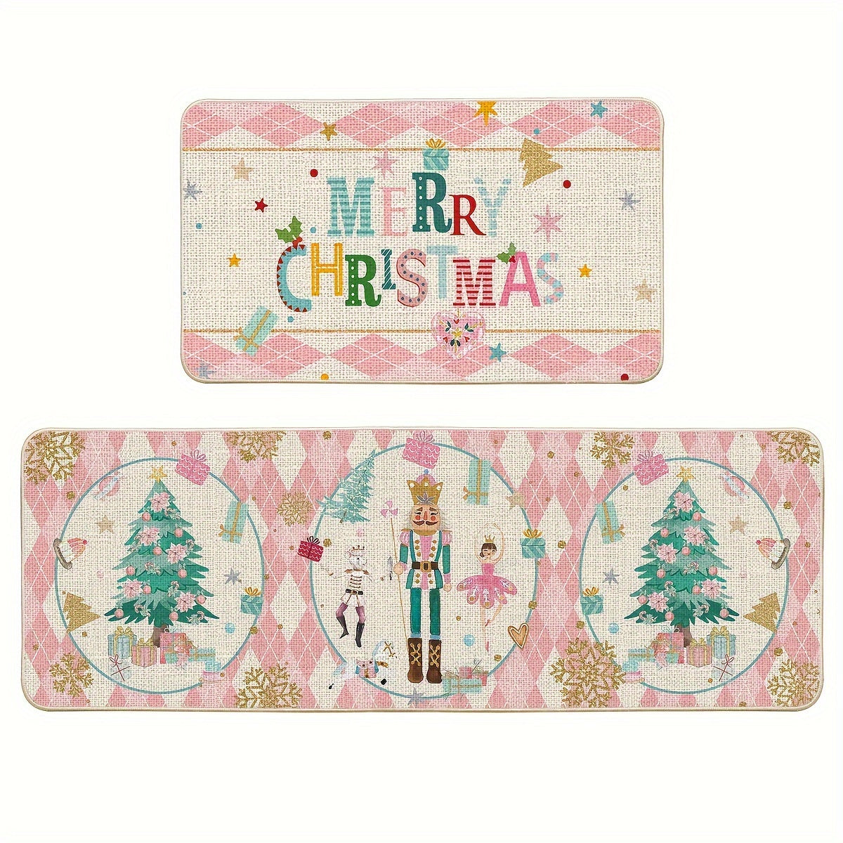 2pcs Diamond Plaid Nutcracker Merry Christmas Kitchen Mats Footprints, Winter Decor Low-Profile Kitchen Rugs For Floor - 17x29 And 17x47 Inch