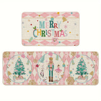 2pcs Diamond Plaid Nutcracker Merry Christmas Kitchen Mats Footprints, Winter Decor Low-Profile Kitchen Rugs For Floor - 17x29 And 17x47 Inch