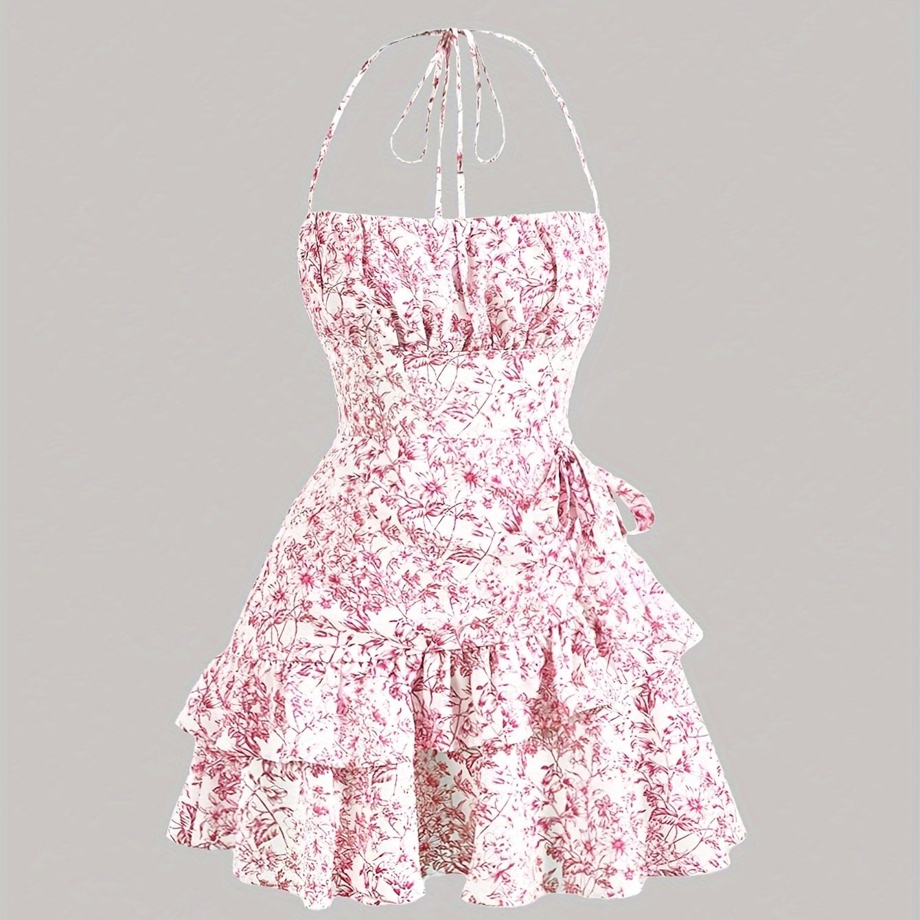 Floral Print Layered Ruffle Hem Halter Dress - Elegant Sleeveless Dress For Spring & Summer - Women's Clothing - For Women - Perfect for Parties & Casual Occasions - Ideal Gift for Her
