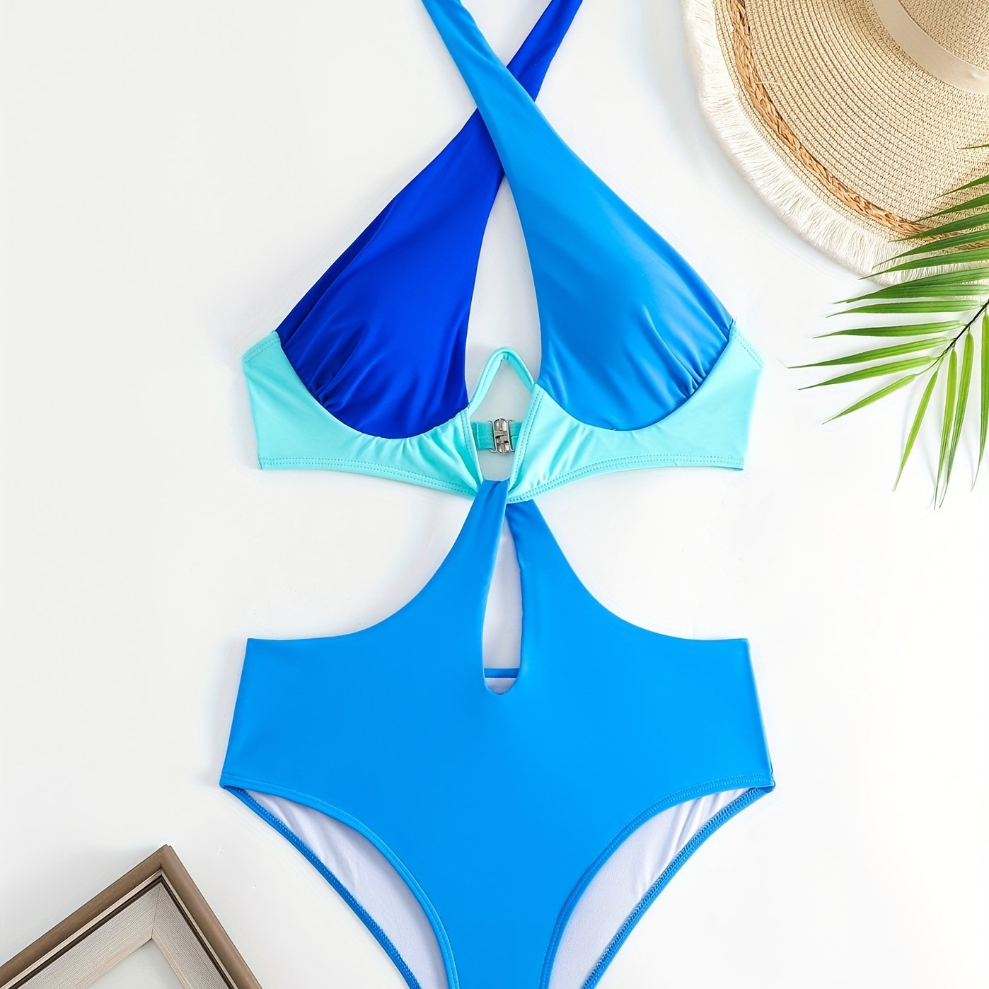 Colorblock Halter Neck One Piece Swimsuit, Cut Out Backless High Cut Bathing Suit, Women's Swimwear & Clothing