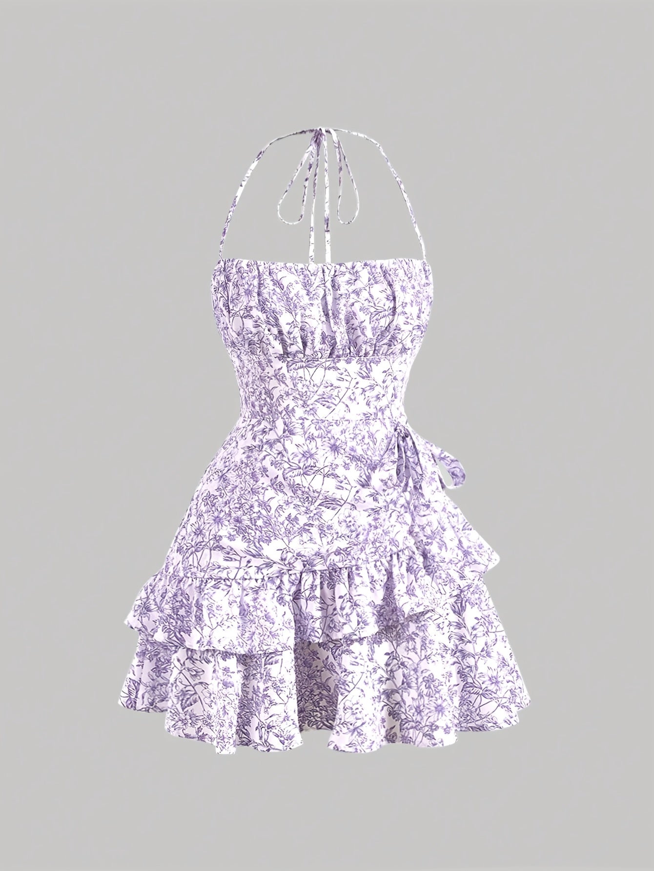 Floral Print Layered Ruffle Hem Halter Dress - Elegant Sleeveless Dress For Spring & Summer - Women's Clothing - For Women - Perfect for Parties & Casual Occasions - Ideal Gift for Her
