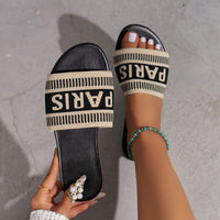Womens Letter Print Slides - Ultra-Lightweight & Effortlessly Chic - Breathable Knitted Band Flats for Summer Casual Beach Wear - Quick-Dry, Stylish & Trendy