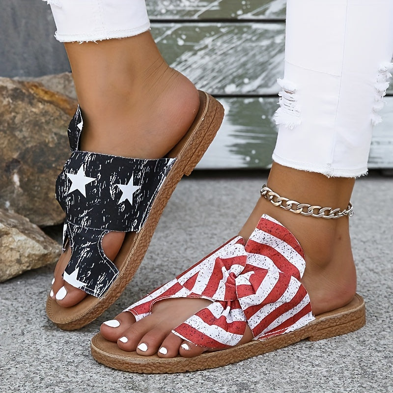 Women's Flag Pattern Slide Sandals, Bowknot Toe Loop Slip On Flat Shoes, Casual Sandals For The 4th Of July Summer Casual Shoes For Independence Day