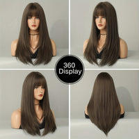 Long Straight Brown Wig For Women Daily Cosplay Use Natural Synthetic Layer Wigs With Bangs Heat Resistant High Quality