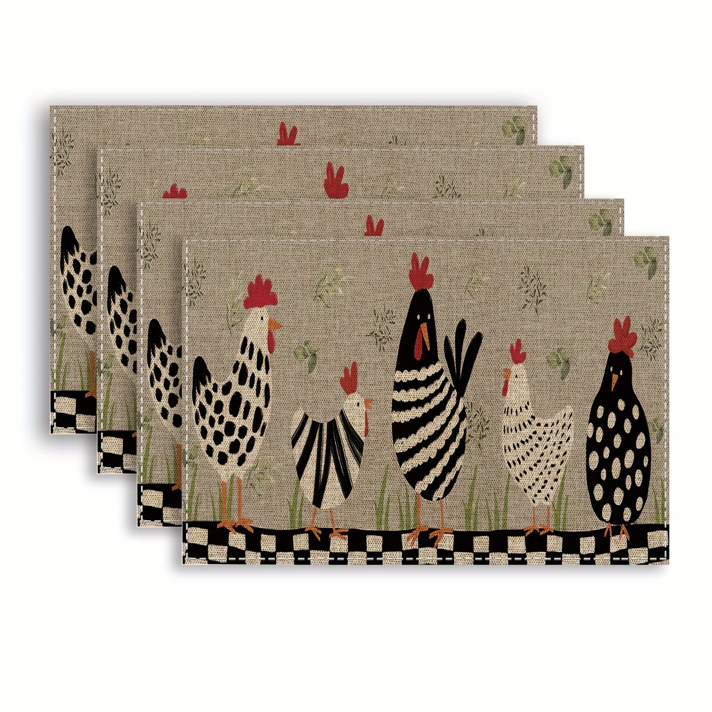 Farmhouse Rooster Kitchen Mats (2/4pcs) - Non-Slip, Washable Linen Placemats, Perfect for Dining & Home Decor, 12x18 Inches