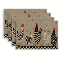 Farmhouse Rooster Kitchen Mats (2/4pcs) - Non-Slip, Washable Linen Placemats, Perfect for Dining & Home Decor, 12x18 Inches