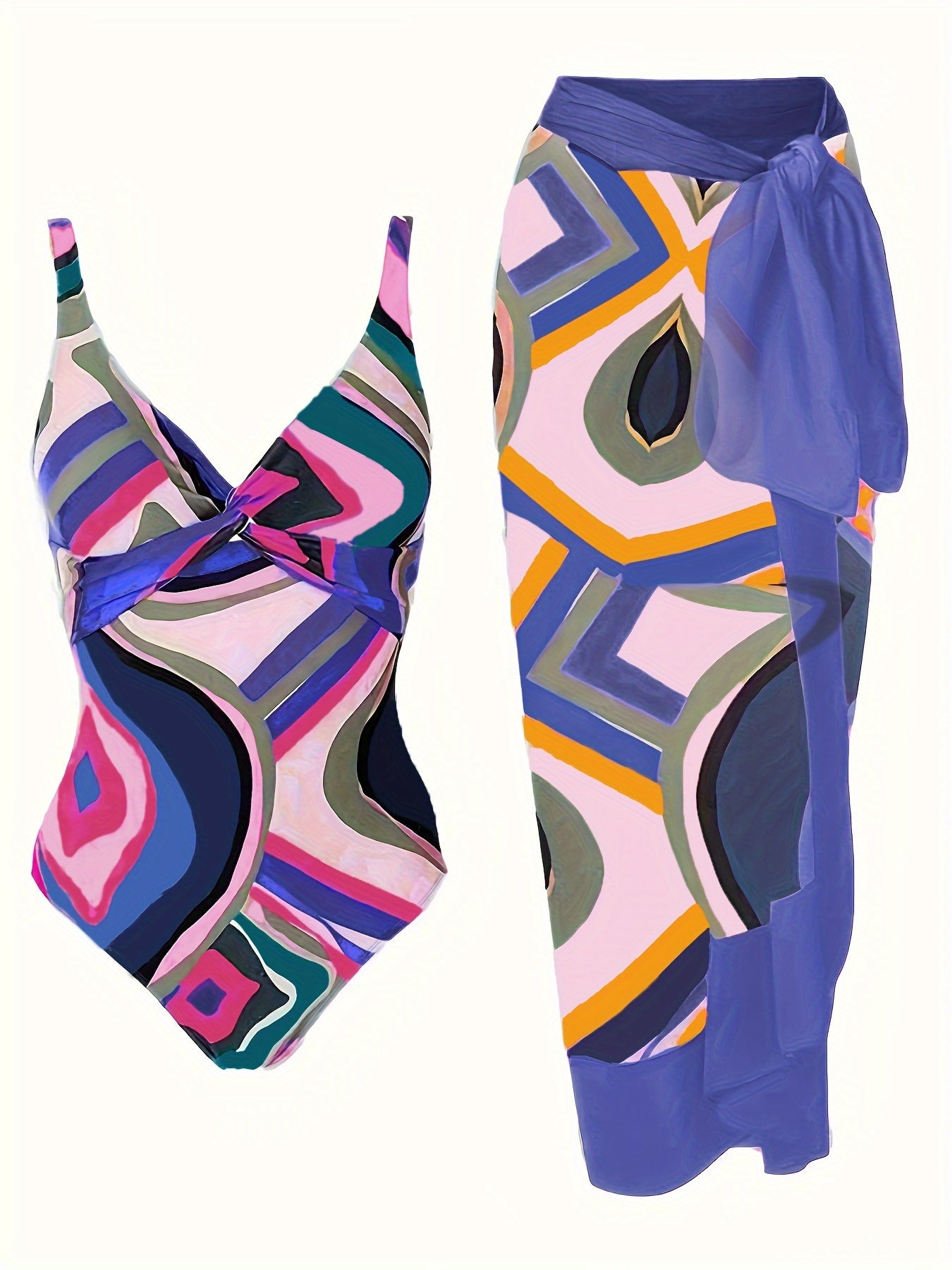Plus Size Elegant Tankini Set, Women's Plus Geo Print Twist Front One Piece Swimsuit & Knot Side Cover Up Skirt Bathing Suit 2 Piece Set