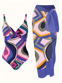 Plus Size Elegant Tankini Set, Women's Plus Geo Print Twist Front One Piece Swimsuit & Knot Side Cover Up Skirt Bathing Suit 2 Piece Set