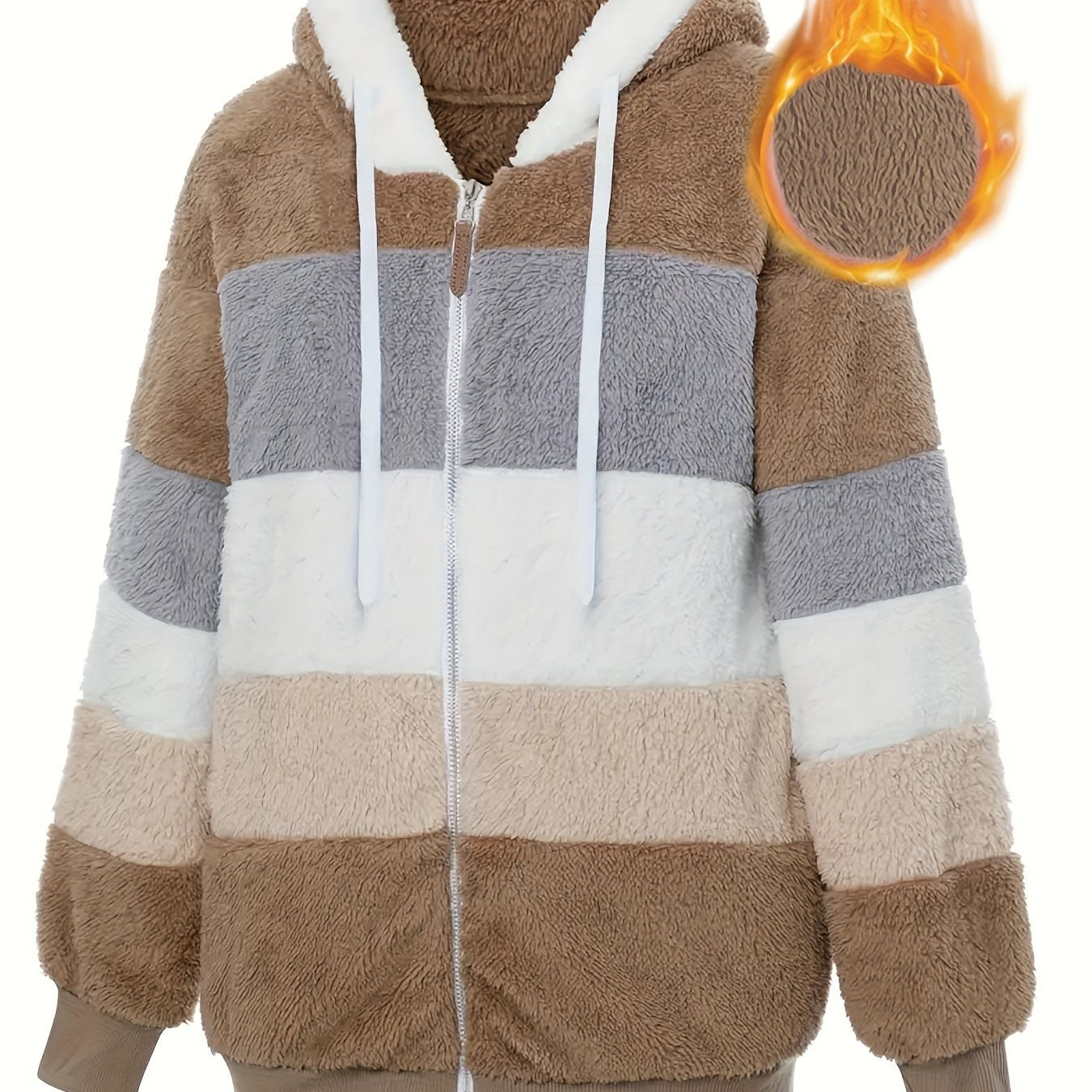Plus Size Casual Coat, Women's Plus Colorblock Teddy Fleece Hooded Drawstring Zipper Long Sleeve Loose Fit Coat With Pockets