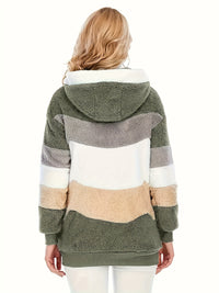 Womens Ultra-Soft Teddy Fleece Color Block Hooded Coat - Stylish Zip Up Winter Warm Outerwear with Full Hood and Long Sleeves - Trendy Casual Clothing for Chilly Days