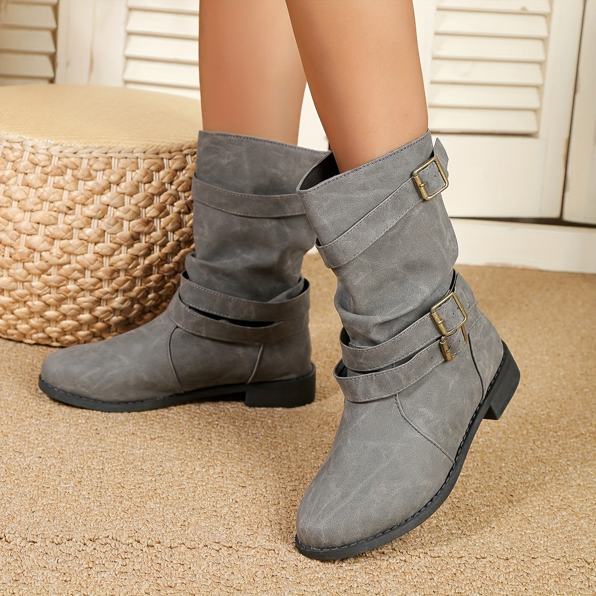 Mid Calf Ruched Buckle Solid Color Retro Western Short Boots For Women Cowboy Boots