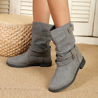Mid Calf Ruched Buckle Solid Color Retro Western Short Boots For Women Cowboy Boots