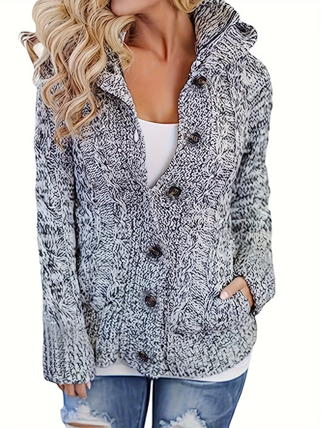 Women's Cable Knit Hooded Cardigan with Buttons and Pockets - Cozy Long Sleeve Sweater Coat for Casual Wear