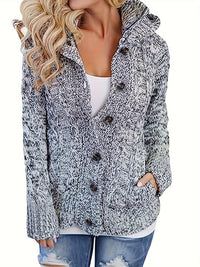 Women's Cable Knit Hooded Cardigan with Buttons and Pockets - Cozy Long Sleeve Sweater Coat for Casual Wear