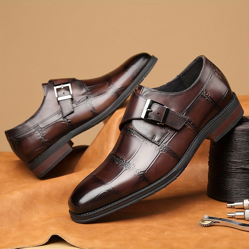 Men's Solid Color Top Grain Cow Leather Upper Monk Shoes, Comfy Non Slip Rubber Sole Durable Dress Shoes, Men's Footwear