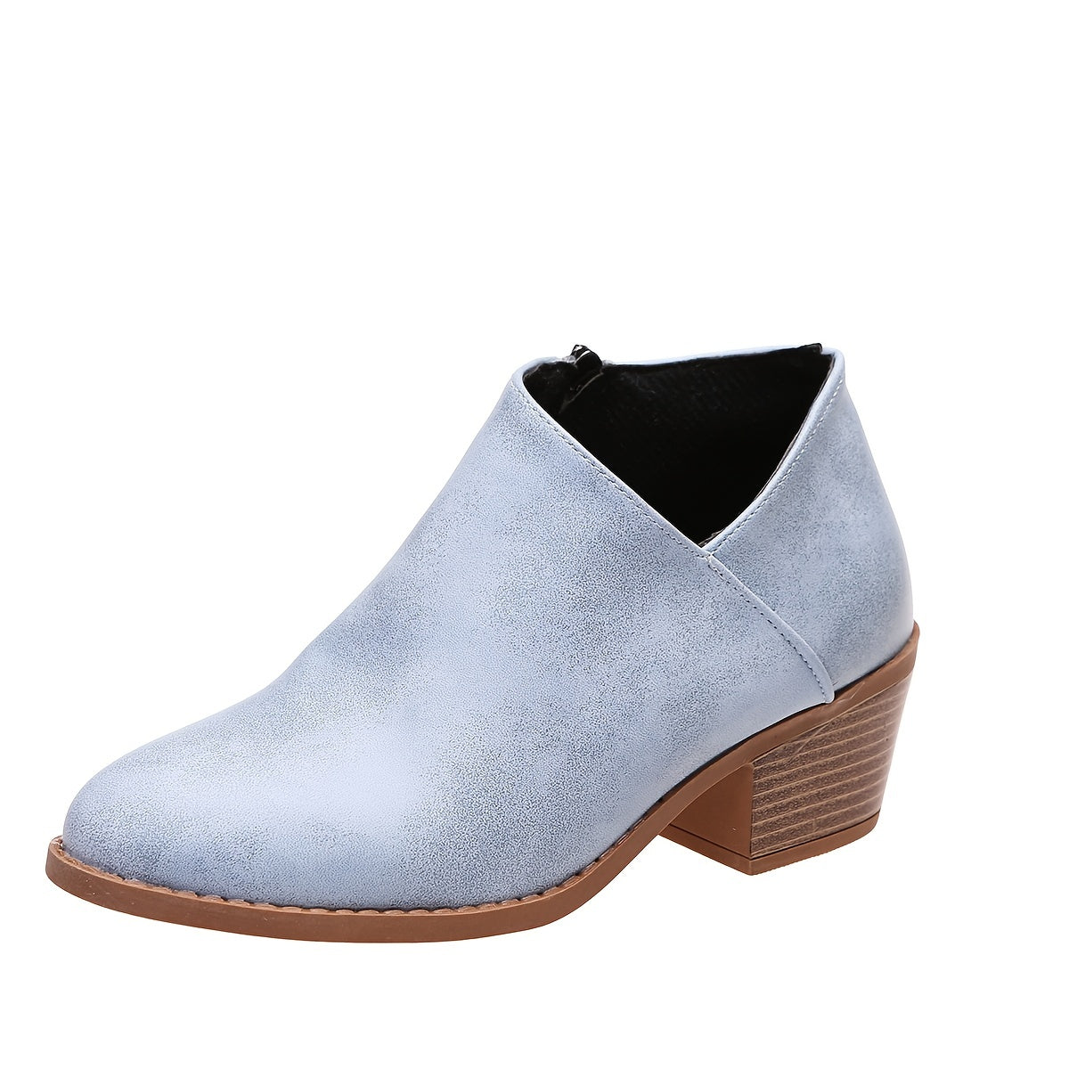 Ankle Stacked Heel Women's Short Boots with V Cut Side Zipper and Non Slip Sole