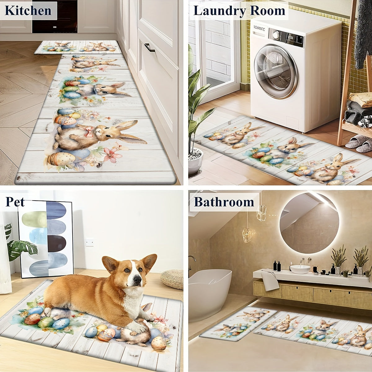 1 Set Easter Bunny Non-Slip Kitchen Rug, Machine Washable Polyester Knit Floor Mats, Lightweight Cushioned Comfort Standing Mat for Home Office, Sink, Laundry, Bathroom - Machine Made Runner
