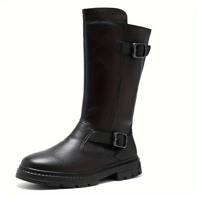 Men's Solid Color High Top Knee High Top Microfiber Upper Boots, Comfy Non Slip Durable Rubber Sole Shoes, Men's Footwear