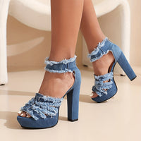 Womens Denim Platform Heels - Stylish Peep Toe Sandals with Ankle Strap & Back Zipper - High Heels for Versatile Dressy Looks