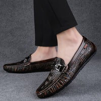 Men's Solid Color Lightweight Slip On Split Cow Leather Upper Loafer Shoes, Comfy Non Slip Casual Rubber Sole Dress Shoes, Men's Footwear