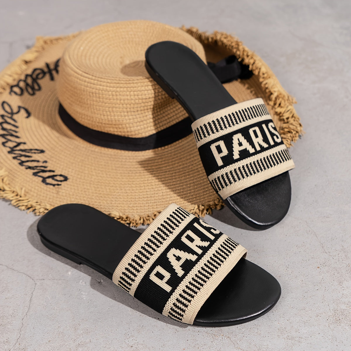Womens Letter Print Slides - Ultra-Lightweight & Effortlessly Chic - Breathable Knitted Band Flats for Summer Casual Beach Wear - Quick-Dry, Stylish & Trendy