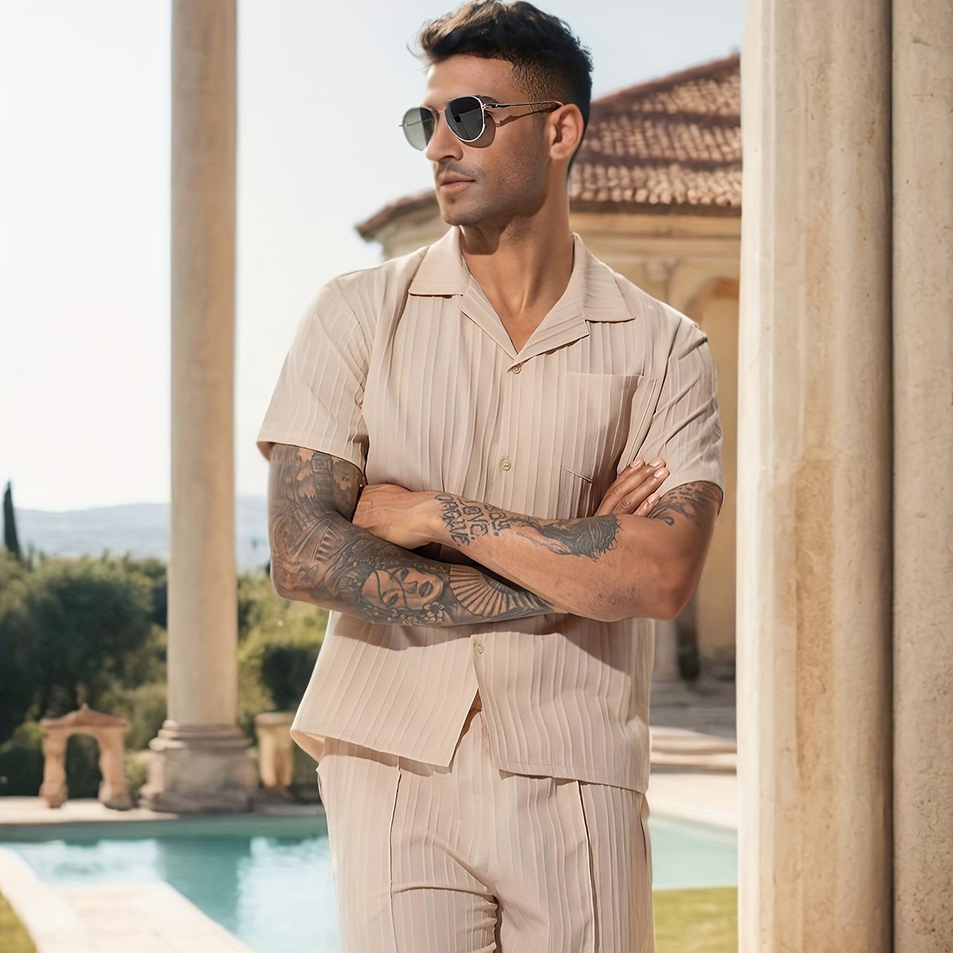 Men's Casual Shirt Set, Men's Casual Striped Shirt and Drawstring Striped Shorts Set, Men's Suit Collar Shirt Suit. Men's Summer Vacation, Everyday Wear Shirt Suit