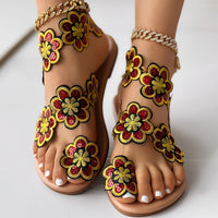 [Flowers Flat Women's Sandals] Women's Flowers Flat Sandals, Fashion Toe Loop Faux Pearl Slip On Shoes, Casual Beach Travel Sandals