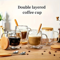 4pcs Set 350ml/11.84oz, With Lid And Spoon, Double-layer Glass Coffee Cup, Insulated Glass Coffee Cup, Set Of 4 Coffee Cups, Latte Coffee Cup, Americano, Cappuccino, Tea Bag, Transparent Glass
