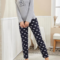 Long Sleeve Cartoon Dog Print Pajama Set, Women's Crew Neck Top & Elastic Waistband Pants Sleepwear & Loungewear