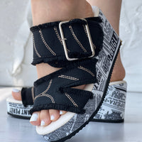 Women's Letter Print & Denim Canvas Sandals, Slip-on Buckle Wedge Heel Shoes, Fashion & Summer Women's Shoes