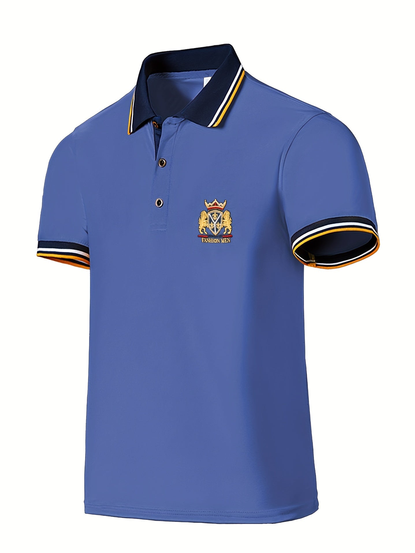 Men's Casual Shirt - Vibrant Red with Golden Embroidered Crest, Short Sleeve Summer Shirt, Regular Fit, Black & Yellow Trim Collar, Breathable Fabric for Casual & Semi-Formal Wear, Contrast Stripe Detailing