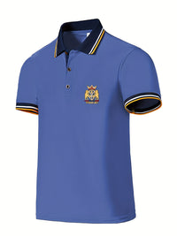 Men's Casual Shirt - Vibrant Red with Golden Embroidered Crest, Short Sleeve Summer Shirt, Regular Fit, Black & Yellow Trim Collar, Breathable Fabric for Casual & Semi-Formal Wear, Contrast Stripe Detailing