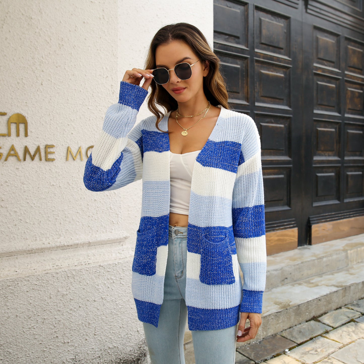Striped Colorblock V-neck Cardigans, Casual Loose Drop Shoulder Long Sleeve Fall Winter Knit Cardigan, Women's Clothing