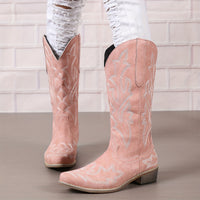 Women's Western Mid Calf Boots, V-cut Embroidery Cowgirl Boots, Retro Style Pointed Toe Slip On Shoes