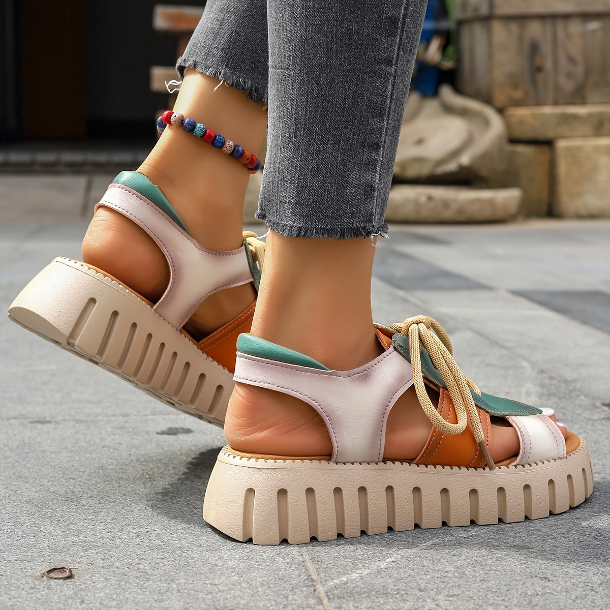Stylish Summer Platform Sandals for Women - Comfy Cutout, Open-Toe Lace-Up, Casual Beach-Ready Footwear