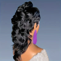 [Heat Resistant Mullet Wig] 180% Density Heat Resistant Synthetic Hair Wig - Chic Pixie Cut Mullet for Women - Long Wavy Style with Bangs, Beginner-Friendly, Voluminous Body Wave Texture