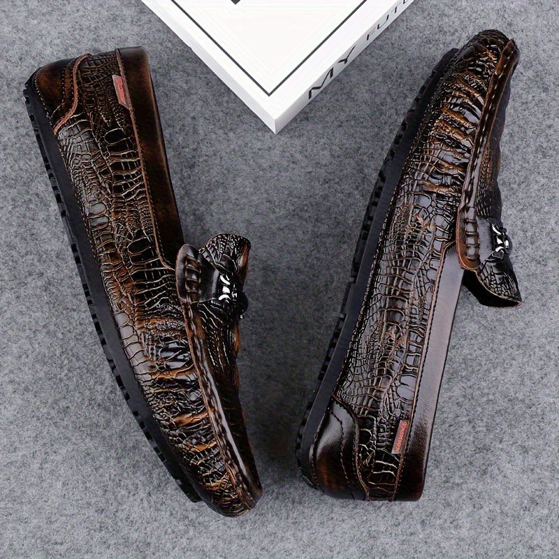 Men's Solid Color Lightweight Slip On Split Cow Leather Upper Loafer Shoes, Comfy Non Slip Casual Rubber Sole Dress Shoes, Men's Footwear