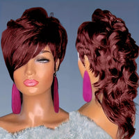 [Heat Resistant Mullet Wig] 180% Density Heat Resistant Synthetic Hair Wig - Chic Pixie Cut Mullet for Women - Long Wavy Style with Bangs, Beginner-Friendly, Voluminous Body Wave Texture