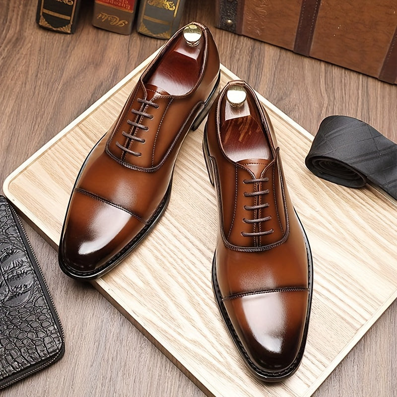 [Trendy Cow Leather Oxford Shoes] Men's Trendy Split Cow Leather Upper Cap Toe Oxford Shoes, Comfy Non Slip Casual Rubber Sole Formal Shoes, Men's Footwear