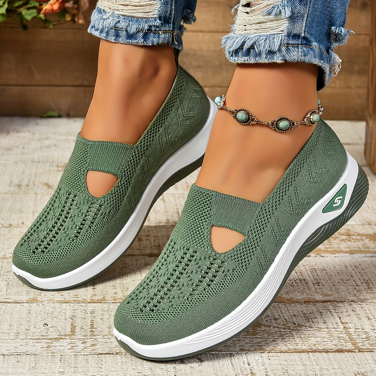 Women's Cut-out Sneakers, Casual Breathable Slip On Walking Shoes, Lightweight Outdoor Flat Shoes