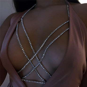 [Luxury Chest Chain Jewelry Shiny] Luxury Cross Chest Chain Shiny Rhinestones Body Chain Jewelry