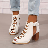 Women's Chunky Heeled Sandals, Peep Toe Cut-out Buckle Strap Stacked Heels, Retro High Heels