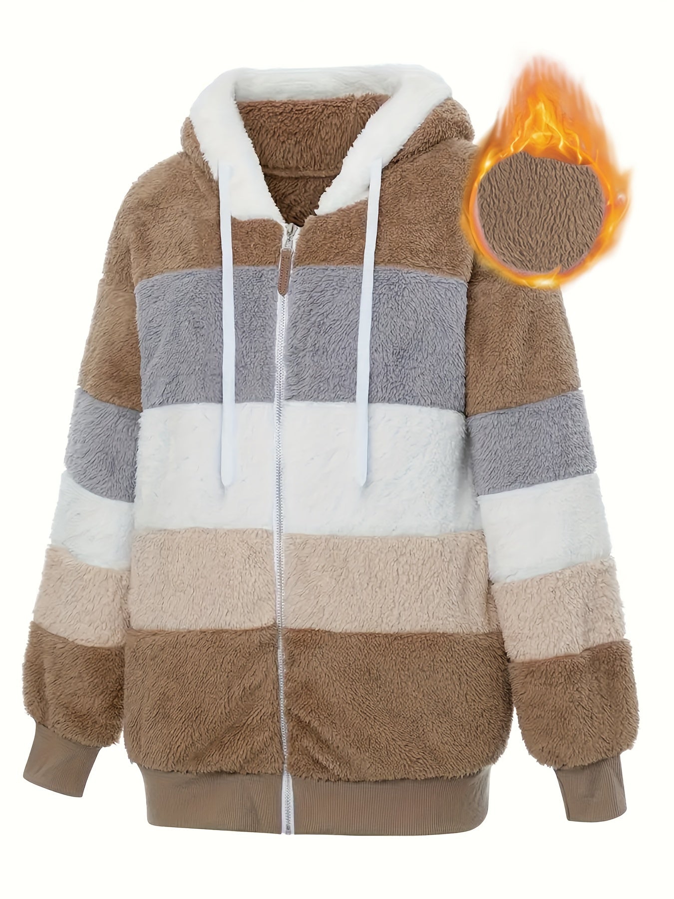 Plus Size Casual Coat, Women's Plus Colorblock Teddy Fleece Hooded Drawstring Zipper Long Sleeve Loose Fit Coat With Pockets