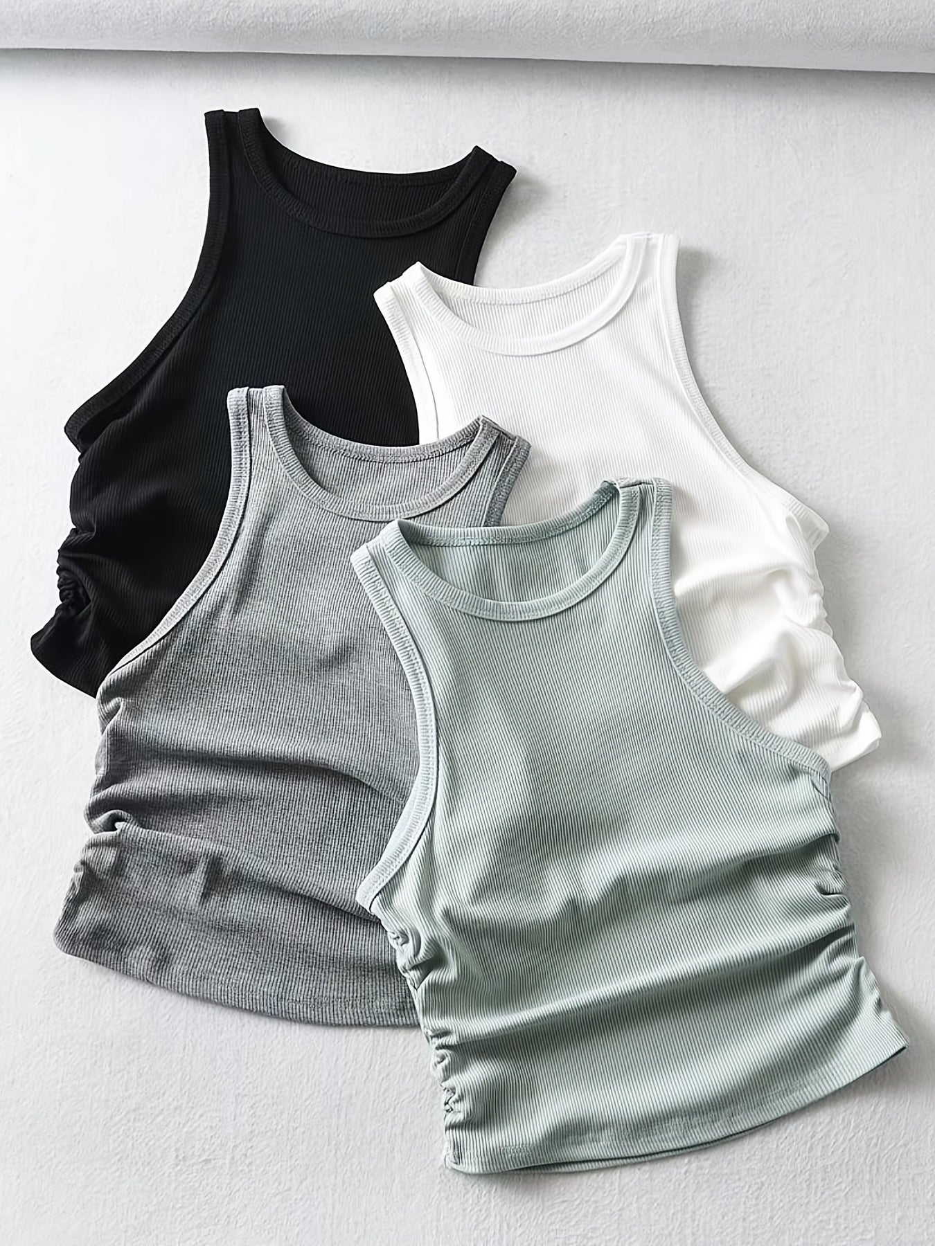 4 Packs Side Ruched Tank Tops, Y2K Crew Neck Tank Tops For Summer, Women's Clothing