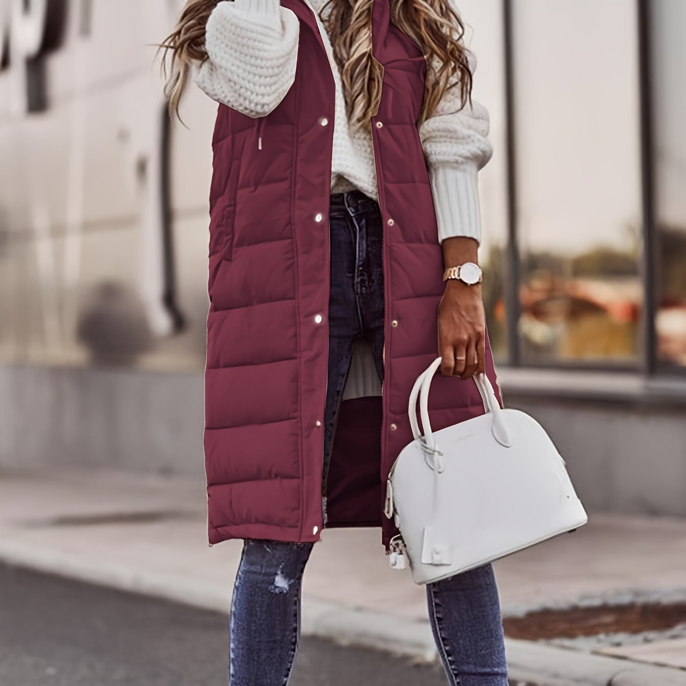 Button Front Hooded Coat, Casual Sleeveless Long Length Outerwear, Women's Clothing