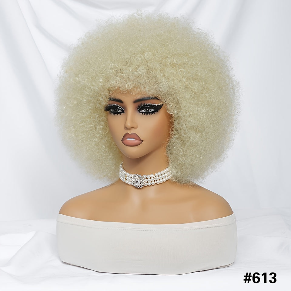 Short Afro Wigs For Women Blonde 10 Inch Afro Curly Wig With Bangs 70s Large Bouncy Soft Synthetic Female Wigs For Party Cosplay