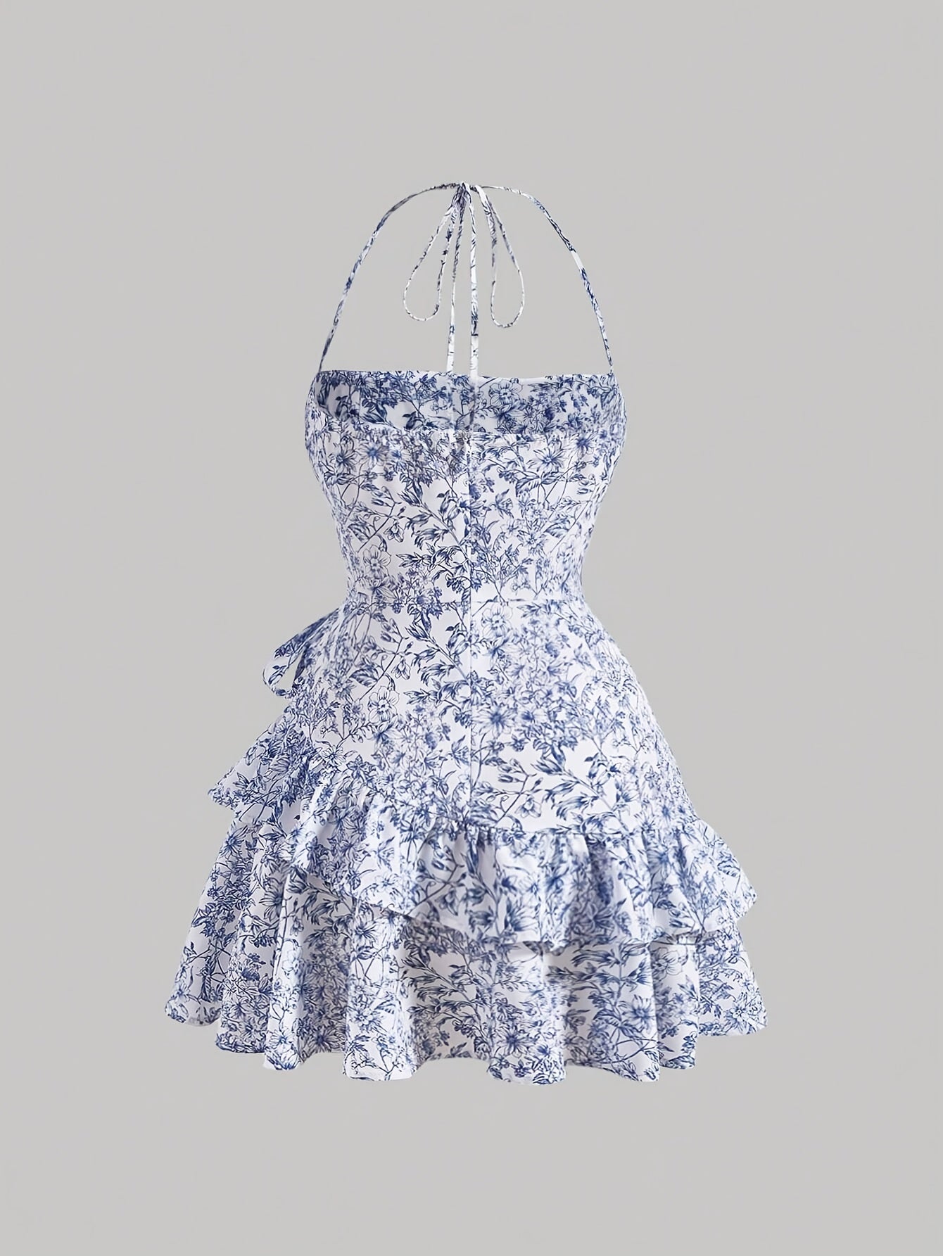 Floral Print Layered Ruffle Hem Halter Dress - Elegant Sleeveless Dress For Spring & Summer - Women's Clothing - For Women - Perfect for Parties & Casual Occasions - Ideal Gift for Her