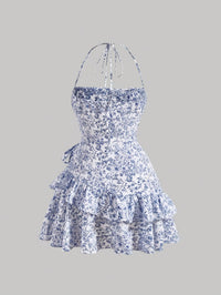 Floral Print Layered Ruffle Hem Halter Dress - Elegant Sleeveless Dress For Spring & Summer - Women's Clothing - For Women - Perfect for Parties & Casual Occasions - Ideal Gift for Her